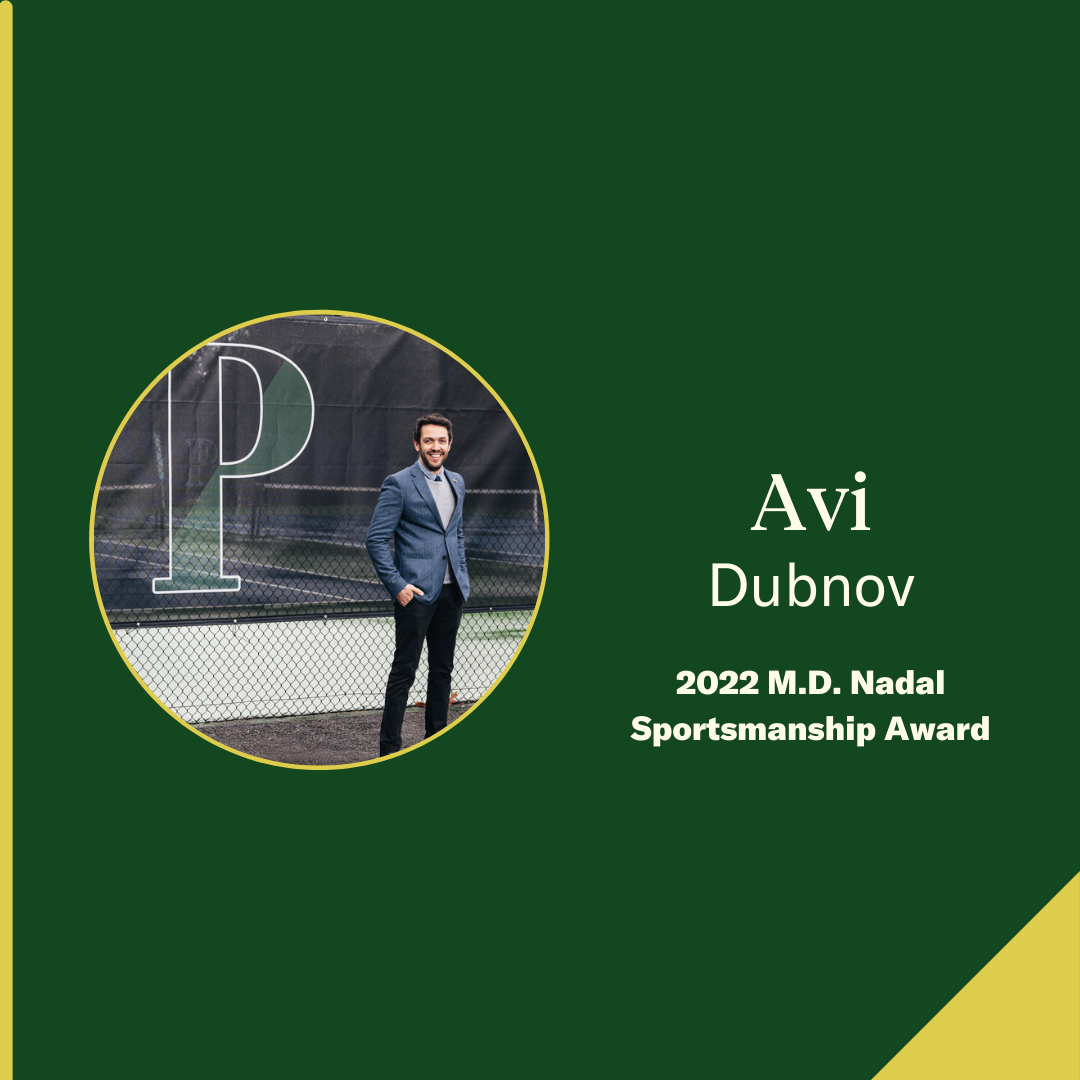 A man in a suit stands by a tennis court. Text reads: Avi Dubnov, 2022 M.D. Nadal Sportsmanship Award. The background is dark green with yellow accents.